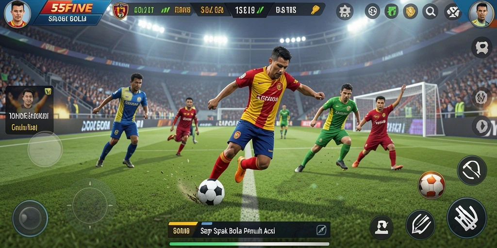 Tampilan gameplay 55FIVE dengan aksi sepak bola yang mendebarkan.