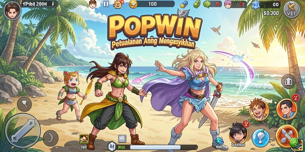 Tampilan gameplay POPWIN dengan karakter anime yang dinamis dan penuh aksi.
