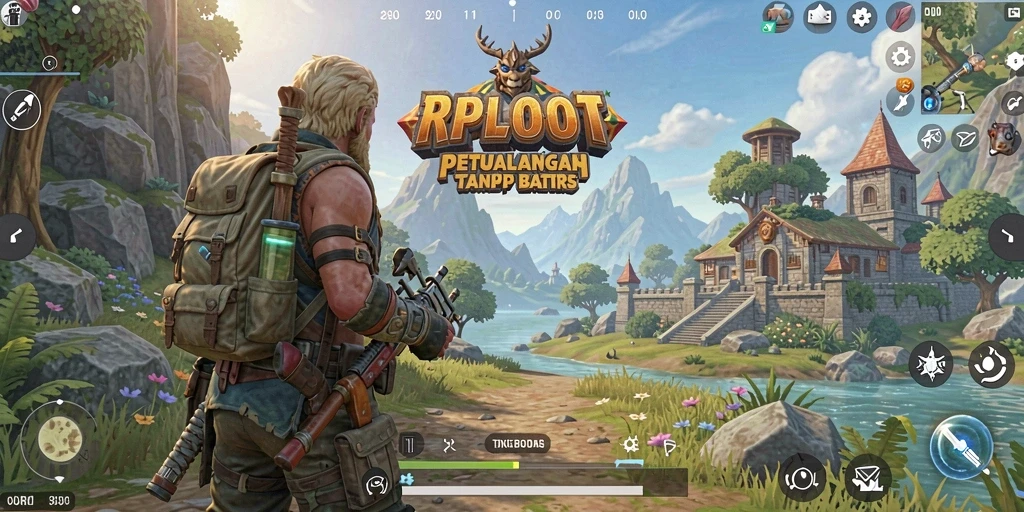Screenshot gameplay RPLOOT yang menunjukkan eksplorasi dunia terbuka penuh warna.