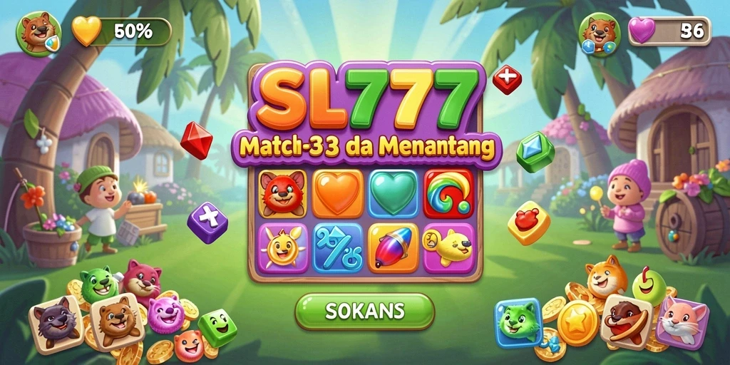 Tampilan gameplay SL777 yang menarik dan penuh warna saat mencocokkan elemen Match-3.