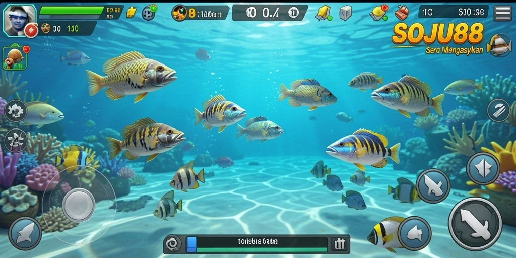 Screenshot gameplay SOJU88 yang seru saat menembak ikan.
