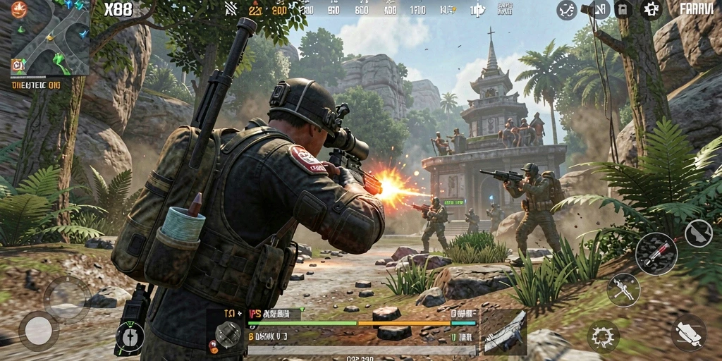 Tampilan gameplay X88 dengan aksi menegangkan di arena TPS.